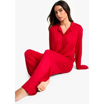 boohoo Dames Petite Pyjama Set met Lange Mouw Shirt & Broek | Red | Maat: 8