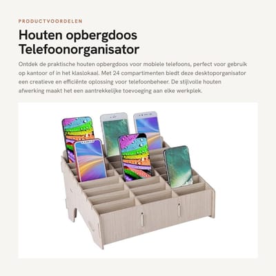 Dailygoods- Opbergdoos Houten - Telefoonhouder - Desktoporganisator - Meerdere Cellen - Duurzaam - 32,5 x 23,5 x 3,5 cm