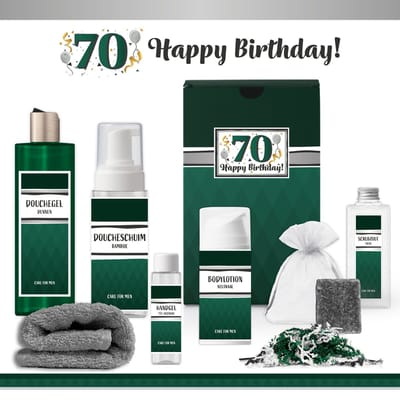 Geschenkset “70 Jaar Happy Birthday!” - 7 producten - 850 gram | Giftset voor hem - Luxe wellness cadeaubox - Cadeau Pakket man Verjaardag - Gefeliciteerd Zeventig jaar Feestje - Gift Set Douchegel Cadeaupakket Deluxe - Verjaardagscadeau Opa - Groen