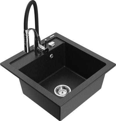 Mexen Vito granieten spoelbak met 1 bak en Aster keukenmengkraan, zwart/zilver metallic- 6503-73-73450-07