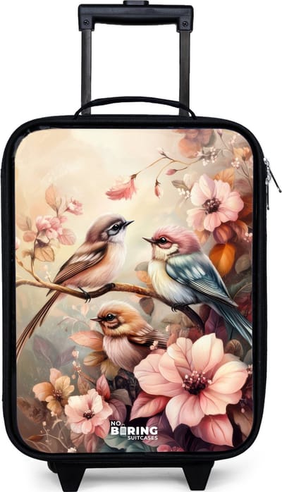 NoBoringSuitcases.com® - Kinderkoffer jongen - Kindertrolley meisje - Vogels met roze bloemen - Koffer kind lichtgewicht - Reiskoffer trolley voor kinderen - Koffertje met lichtgevende wieltjes - Rolkoffer zwart