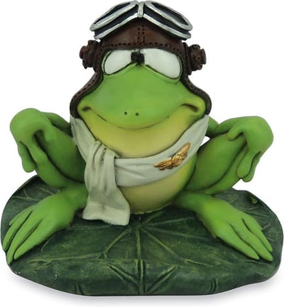 Dierenbeeldje kikker freddy de piloot - hoogte 11 cm -groene kikker - kikkerbeeld -beroep beeld - sportprijs