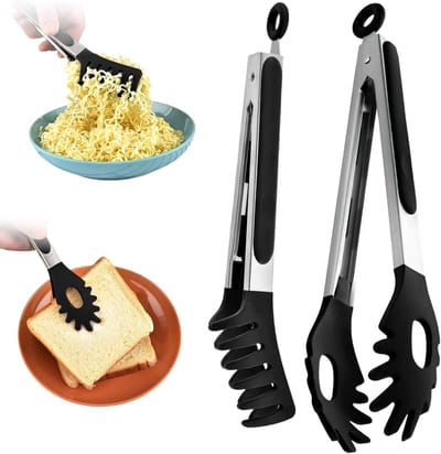 Keuken Tangen Set van 2 Stuks - Siliconen en RVS, Hittebestendig voor Spaghetti, Noodles en Bakgerei