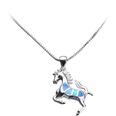 Blauwe Opaal Steen Schattige Kleine Paard Hanger Ketting Echte 925 Sterling Zilveren Ketting Kettingen Voor Vrouwen Luxe Dier Bruid Sieraden 45cm blauw
