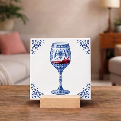 Delftsblauw Tegeltje 11x11 Wijnglas met Rode Wijn – Keuken Decoratie Cadeau