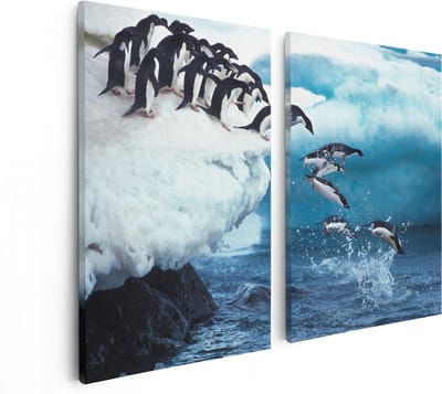 Artaza Canvas Schilderij Tweeluik Kudde Pinguïns Springen vanaf een Rots - 80x60 - Foto Op Canvas - Canvas Print
