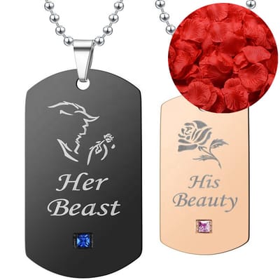 Beauty & Beast Ketting Set + Rozenblaadjes = Valentijn Cadeautje voor Hem en Haar - Valentijnsdag voor Mannen Cadeau Kadootjes