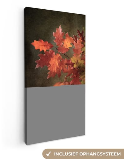 Canvas schilderij 80x160 cm - Wanddecoratie Stilleven - Pompoen - Bladeren - Appel - Kersen - Herfst - Muurdecoratie woonkamer - Slaapkamer decoratie - Kamer accessoires - Schilderijen op canvas