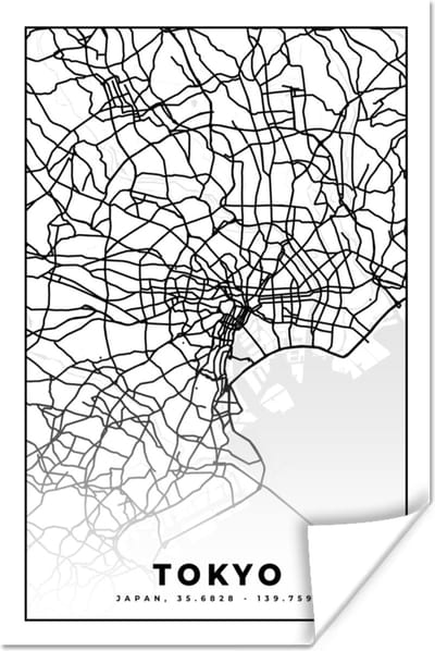 Poster Tokyo - Stadskaart - Zwart Wit - Plattegrond - Kaart - 120x180 cm XXL