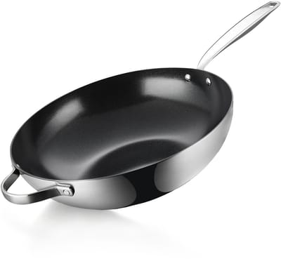 BE Living RVS Wokpan - Ø 32 cm - Keramisch - Inductie Pan - PFAS Vrij Anti Aanbak - Bakpan - Essential Series
