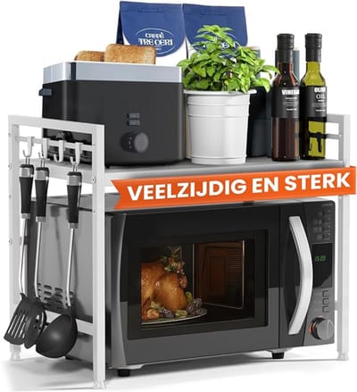 Verte Microwave Rack - Magnetronrek - Staand Keukenrek van Staal - Magnetronkast - Opbergrek - Bakkersrek - In Hoogte en Lengte Verstelbare Plank - Haken – Wit - 2 Lagen