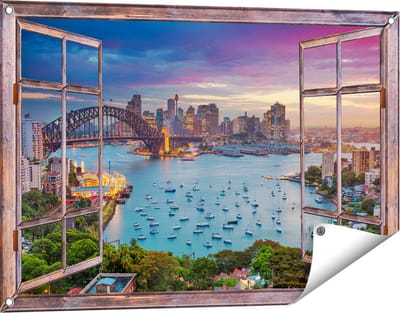 Gards Tuinposter Doorkijk Sydney Harbour Bridge in de Avond - 90x60 cm - Tuindoek - Tuindecoratie - Wanddecoratie buiten - Tuinschilderij