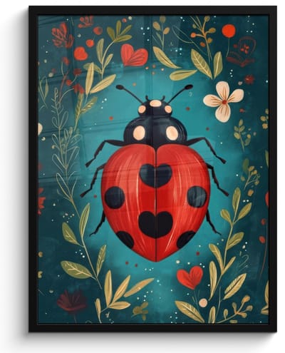 Poster in lijst - Fotolijst 50x70 cm - Posters - Bloemen - Lieveheersbeestje - Hartje - Rood - Posterlijst zwart - Decoratie - Wanddecoratie woonkamer - Muurdecoratie slaapkamer