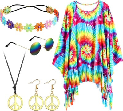 Vijfdelige Hippie Kostuumset voor Dames met Tie Dye Poncho, Bloemenhoofdband, Retro Zonnebril en Vredesteken Sieraden voor Feestoutfits, Multicolor