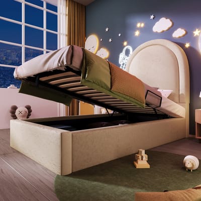Wishdor Kinderbed met Opbergruimte en Gestoffeerd Hoofdbord – Beige – 90x200 cm
