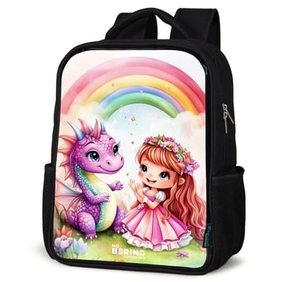 NoBoringSuitcases.com® - Rugzak zwart - Schooltas jongen & meisje - Meisje met paarse draak onder regenboog - Rugtas voor school - Boekentas kind - Schoolrugzak - Kinderrugzak