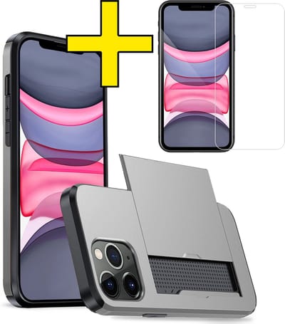 Hoesje Geschikt voor iPhone 11 Pro Hoesje Case Pashouder Hard Cover Met Screenprotector - Hoes Geschikt voor iPhone 11 Pro Hoesje Met Kaarthouder - Grijs