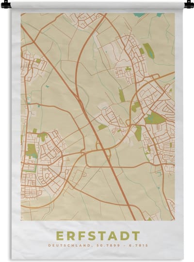 Wandkleed - Wanddoek - Erfstadt - Kaart - Stadskaart - Vintage - Plattegrond - 120x180 cm - Wandtapijt
