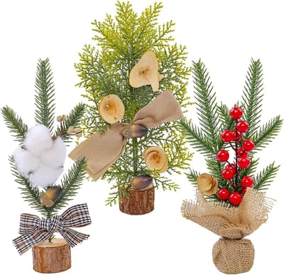 3-pack mini-kunstkerstbomen met rode bessen en katoendennenbladeren voor kerstversiering op kantoor of thuis, kerstdecoratie, kleine kerstboom voor thuis of op kantoor, kerstvakantiedecoratie, Miniatuurkerstboom - Cyslmuk®