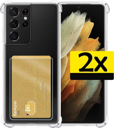 Hoesje - 2 Stuks - Geschikt voor Samsung Galaxy S21 Ultra - Met Pashouder en Kaarthouder - Telefoon Hoes Shockproof - Siliconen Case - Back Cover - Shock Proof - Pasjes Houder - Telefoonhoesjes - Transparant