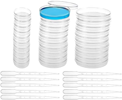 Set van 30 Steriele Petri Schalen met Deksel, 65+55+34mm, Inclusief 10 Plastic Pipetten voor Laboratorium en Schoolprojecten