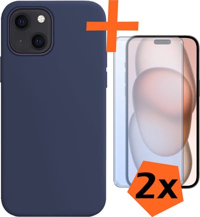 Hoes - Met 2x Screenprotector - Geschikt voor Apple iPhone 15 - Sterk & Shockproof - Back Cover - Siliconen Case - Telefoon Hoes - Donkerblauw