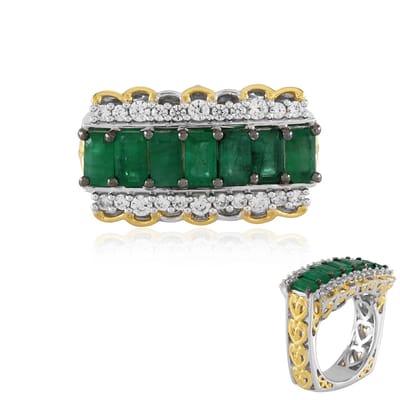 Cavill - Luxe Achthoekige Ring - 1,65 ct Zambia Smaragd & 0,59 ct Zirkonen - 925 Sterling Zilver Palladiumlaag - Handgemaakte Edelsteen Sieraden