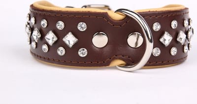 Dog's Companion Leren Halsband - met Strass Kristallen - Lengte: 45 cm Verstelbaar van 32-41 cm x 40 mm - Bruin/Naturel