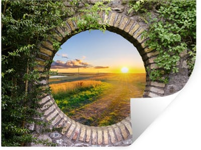 Muurstickers - Sticker Folie - Platteland - Doorkijk - Zon - 40x30 cm - Plakfolie - Muurstickers Kinderkamer - Zelfklevend Behang - Zelfklevend behangpapier - Stickerfolie