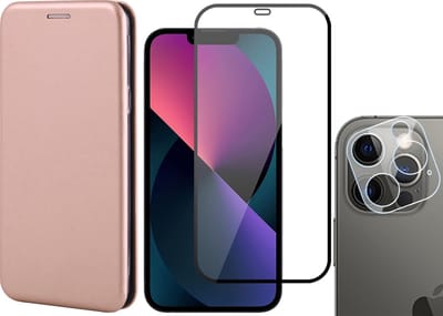 Hoesje geschikt voor iPhone 13 Pro - Portemonnee Book Case - Roségoud - Met Full Screenprotector en Camera Screen Protector