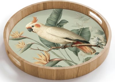 Dienblad rond 40x40 cm - Schootdienblad hout - Gele kuifkaketoe - paradijsvogelbloemen - Groen - Borrelplank rechthoek - Plateau houten dienbladen