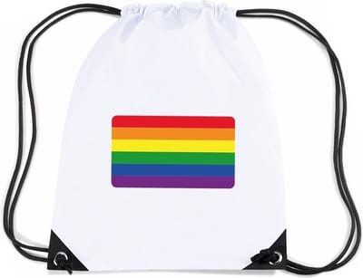 Regenboog nylon rijgkoord rugzak/ sporttas wit met Regenboog vlag