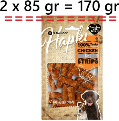 flamingo hondensnack - chicken and rice strips 85 gr +*** 2 X *** = 170 gram - - géén toegevoegde suiker - vanaf 6 maanden
