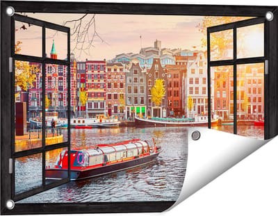 Gards Tuinposter Doorkijk Amsterdamse Huisjes vanaf de Grachten - 60x40 cm - Tuindoek - Tuindecoratie - Wanddecoratie buiten - Tuinschilderij