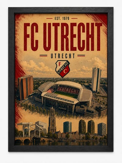 FC Utrecht Poster | Stadion Galgenwaard Vintage Art Print | Retro Voetbal Poster | Inclusief Zwarte A4 Lijst
