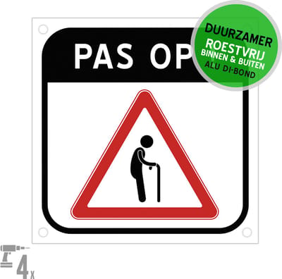 Pictogram/ bord Dibond + boorgaten | "Pas op!" - Overstekende ouderen | 30 x 30 cm | Traag rijden | Gevaar | Bejaarden | Vertraag | Rolstoel | Wandelaars | Oudjes | Gehandicapten | Vertragen | WZC | Woonzorgcentra | 1 stuk