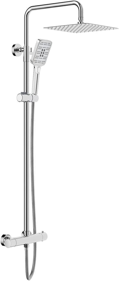 Famanu – Douchesysteem met thermostaatkraan, chroom, vierkante regendouche 25 x 25 cm, complete set met handdouche en verstelbare douchestang