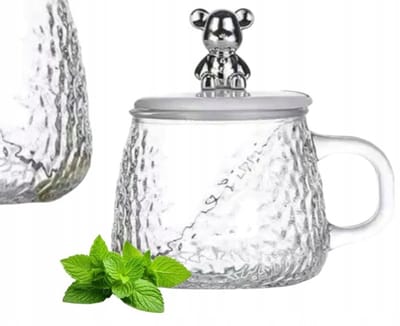 Glazen mok met deksel en oor, 350 ml, hamerslag glas, voor koffie en thee