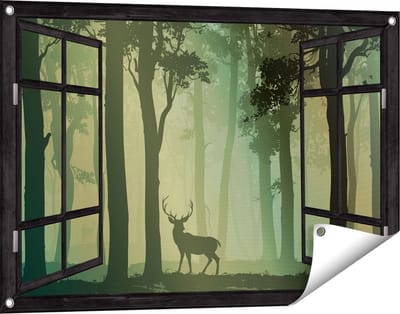 Gards Tuinposter Doorkijk Hert in het Bos - Silhouet - 90x60 cm - Tuindoek - Tuindecoratie - Wanddecoratie buiten - Tuinschilderij