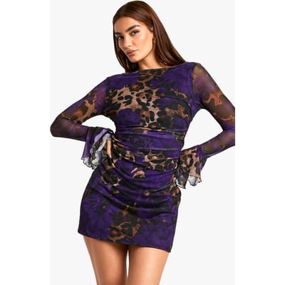 boohoo Dames Slash Neck Mixed Luipaardprint Mini-Jurk met Wijd Elopende Mouwen | Bruin | Maat: 36