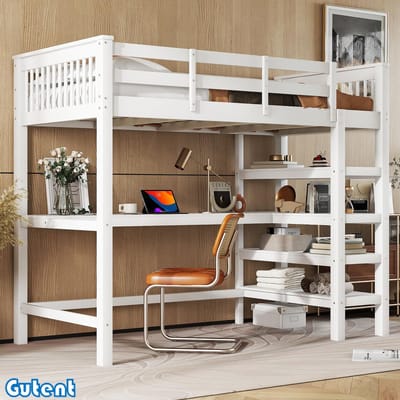 Gutent Kinderhoogslaper（Geen stoelen） - 90 x 200 cm - met opbergvak en bureau onder het bed - zonder matras - Wit