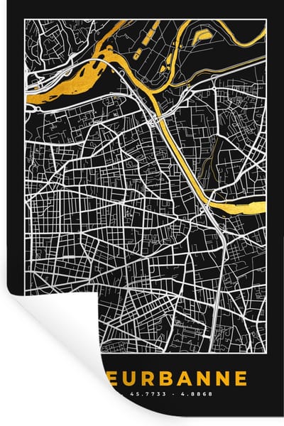 Muurstickers - Sticker Folie - Kaart – Stadskaart – Frankrijk – Villeurbanne - Plattegrond - 20x30 cm - Plakfolie - Muurstickers Kinderkamer - Zelfklevend Behang - Zelfklevend behangpapier - Stickerfolie