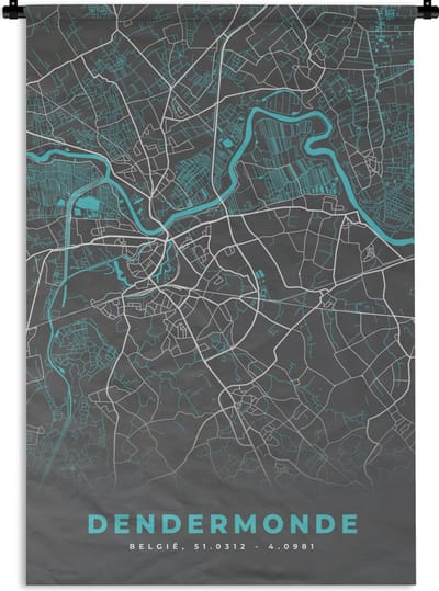 Wandkleed - Wanddoek - Stadskaart – Grijs - Kaart – Dendermonde – België – Plattegrond - 120x180 cm - Wandtapijt
