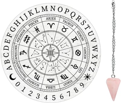 Dailygoods- Pendelbord Houten Design - Astrologische Tekens - Kristallen Pendel - Wichelroede - Spirituele Decoratie - 20 cm x 20 cm - Waarzeggerijbord