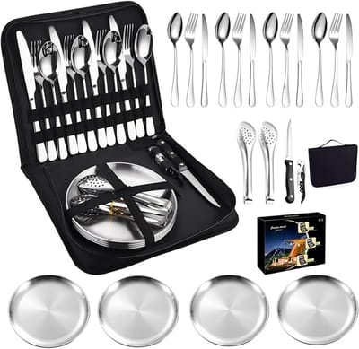Campingservies set voor 4 personen - 20 delig roestvrij staal bestek met borden en clips