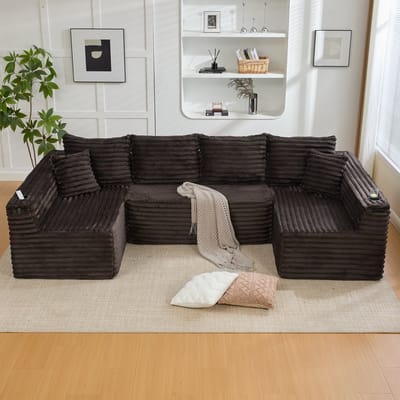 MIVRAY U-Bank 320 x 155 x 88 Cm - Modulaire Zitbank Met Bekerhouders En Zijvak - Voor Woonkamer En Lounge - Cord Bruin