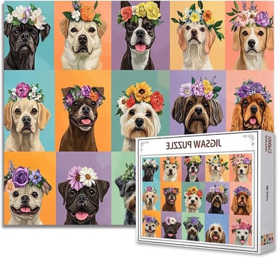 Schattige Puppy Portretten Jigsaw Puzzel Verschillende Hond met Bloemenkroons 1000 stukjes Jigsaw Puzzel voor volwassenen, 69 x 50 cm puzzels voor gezinnen, HD-kwaliteit, grappige