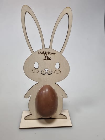 Houder voor ''surprise'' chocolade ei - Paashaas - Te personaliseren - Naam - Pasen - Paasei - Hout