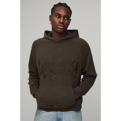 Oversized Gewassen Geborduurd Loopback Hoodie | Khaki | Size XS
