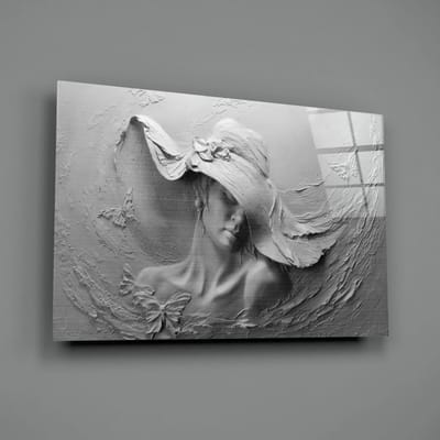 Glasschilderij - Minimalistische vrouw met hoed - Rustige vrouwelijke kunst - 72x46 cm